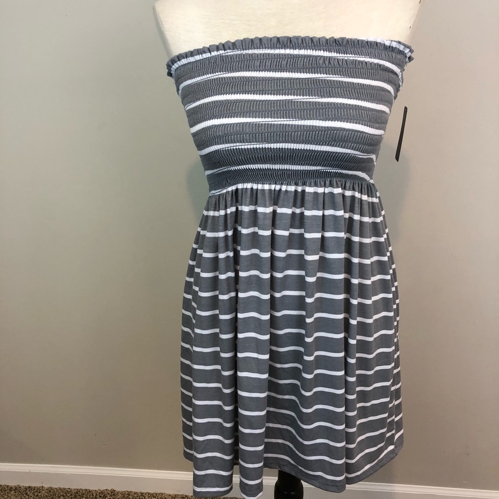 Swim cover up dress strapless gray white stripe L